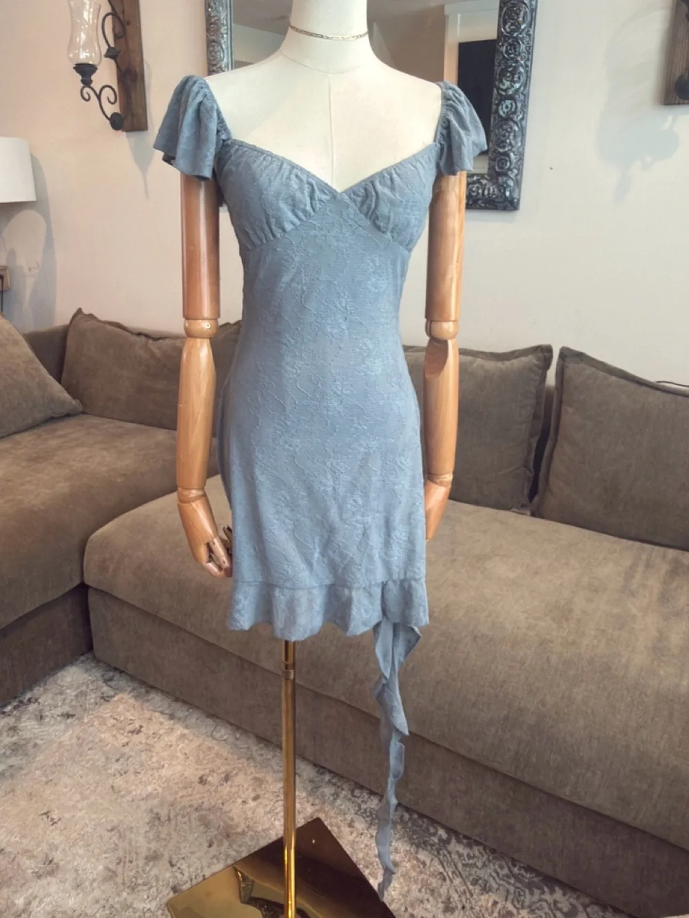 WeWoreWhat Asymmetrical Lace Mini Dress Dusty Blue | Size M - Picture 2 of 13